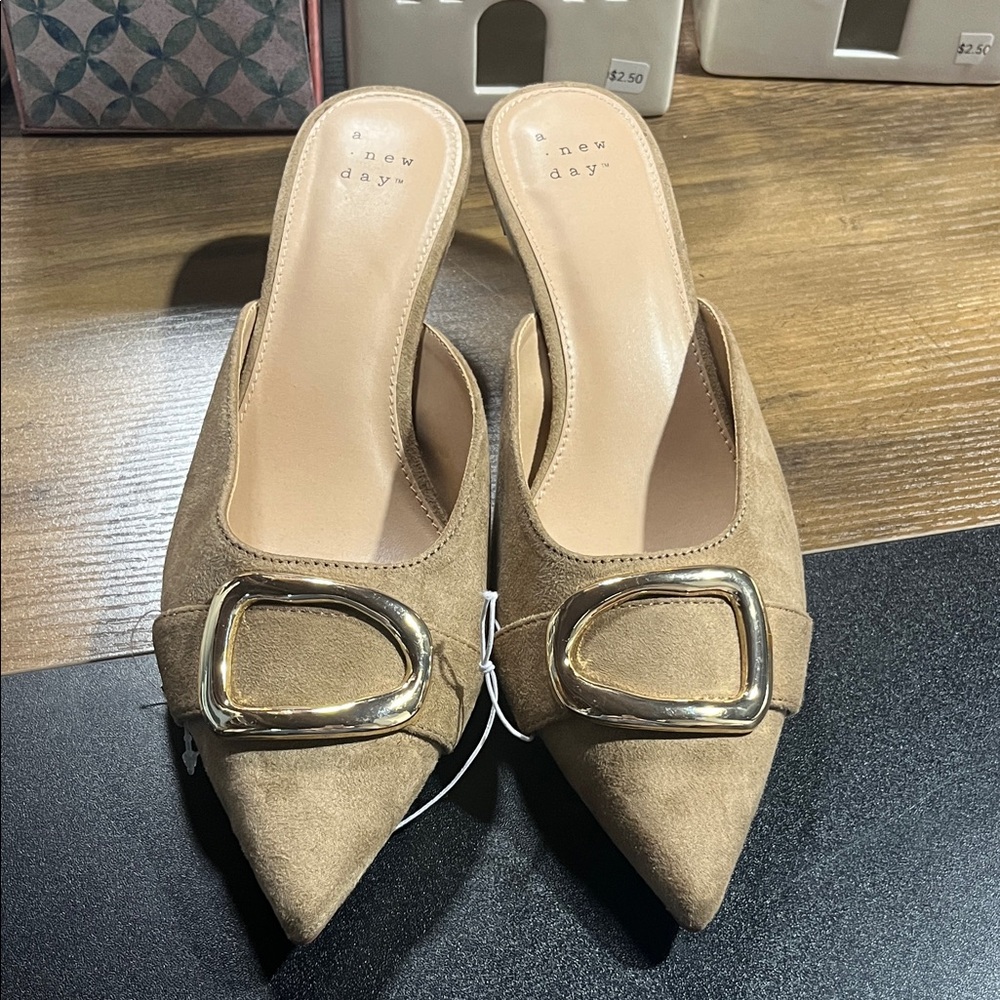A New Day Brown Mules with Gold Accent - Picture 1 of 5
